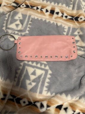Wilsons Leather Pink Studded Wristlet Clutch with Metal Ring